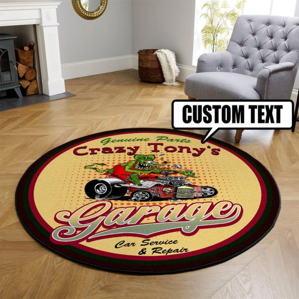 Personalized Hot Rod Garage Decor, Home Bar Decor Car Service And Repair Round Mat - Image 3