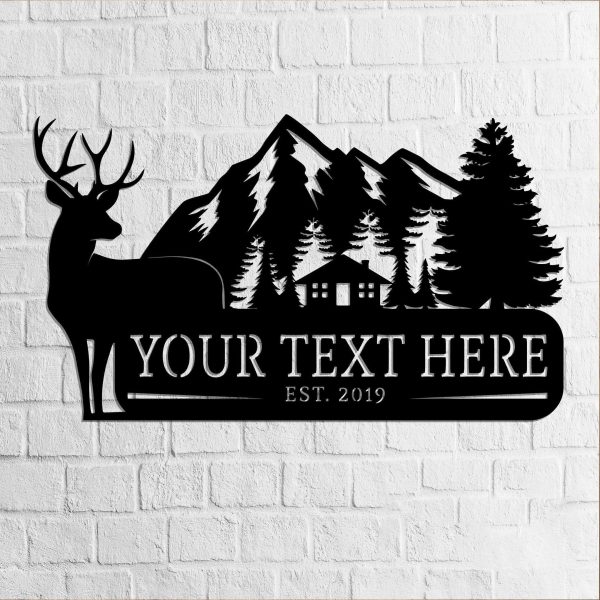 Custom Deer Metal Sign Cabin Mountains Antlers Steel Art Antler Deer F