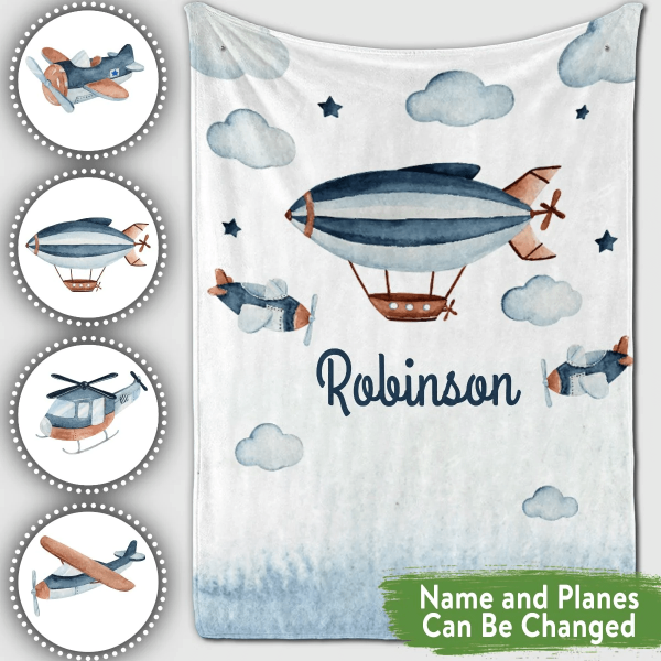 Personalized Baby Blankets with name Airplane baby blankets White colo