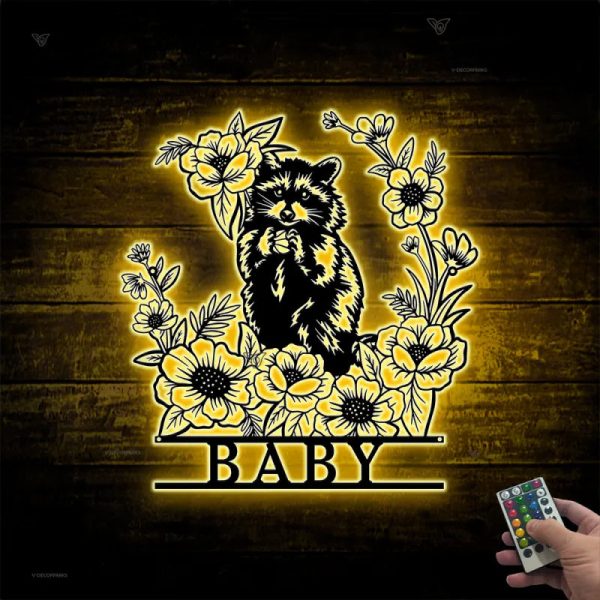 Personalized Floral Raccoon Metal Sign Led Lights, Custom Raccoon Meta - Image 3