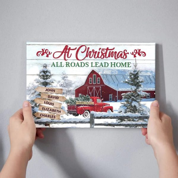 Personalized Canvas Prints, Custom Clip Art Christmas Gifts For Family, Christmas Decor, Farmhouse At Christmas All Roads Lead Home Dem Canvas - Image 5